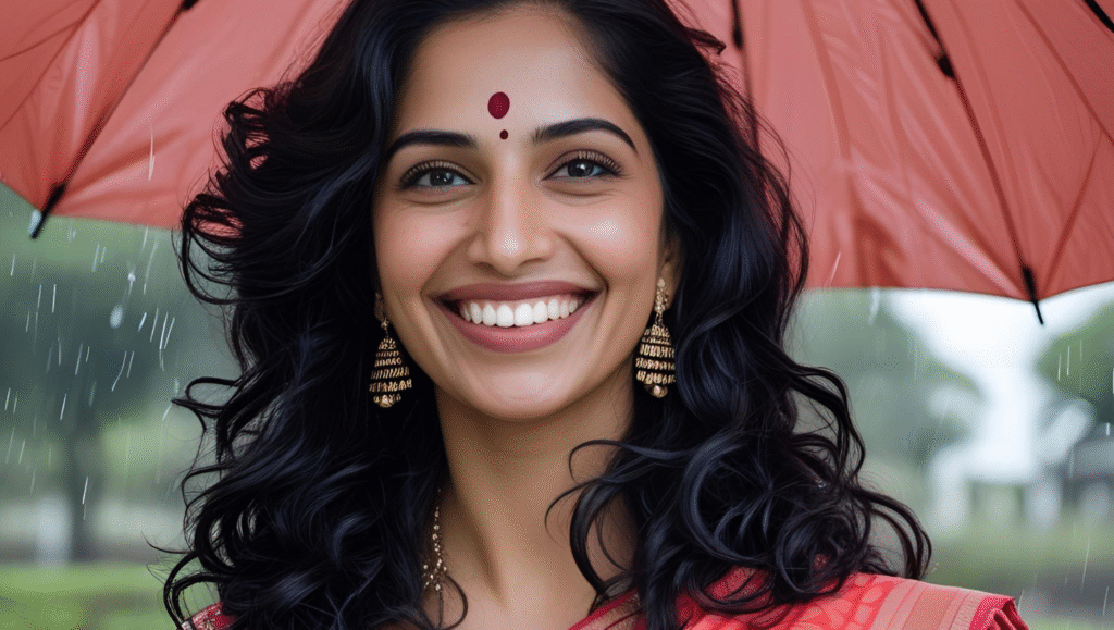 Indian woman with smooth, frizz-free hair smiling during the monsoon under an umbrella