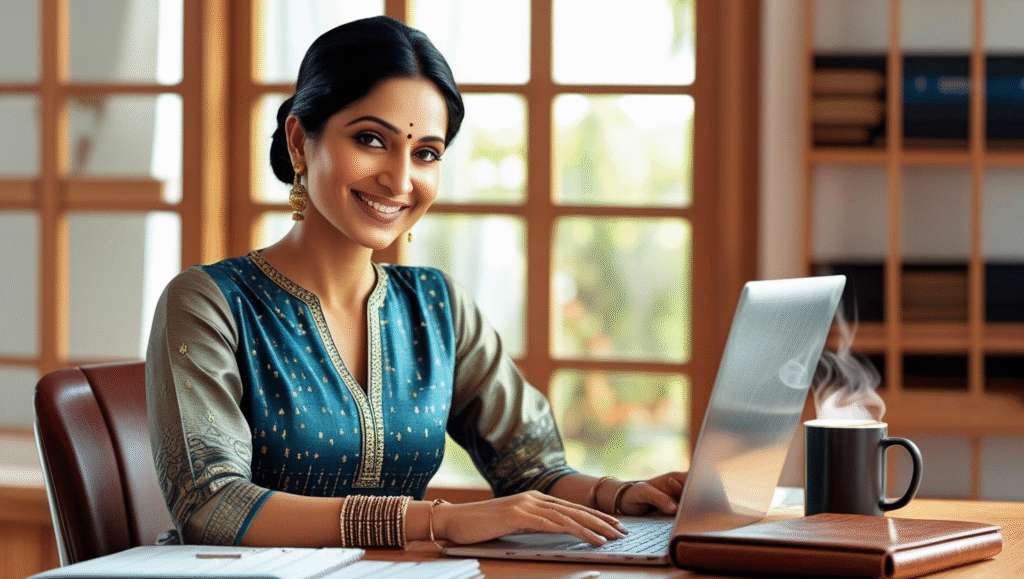 Young Indian woman planning her monthly budget with digital tools and a notebook
