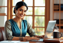 Young Indian woman planning her monthly budget with digital tools and a notebook