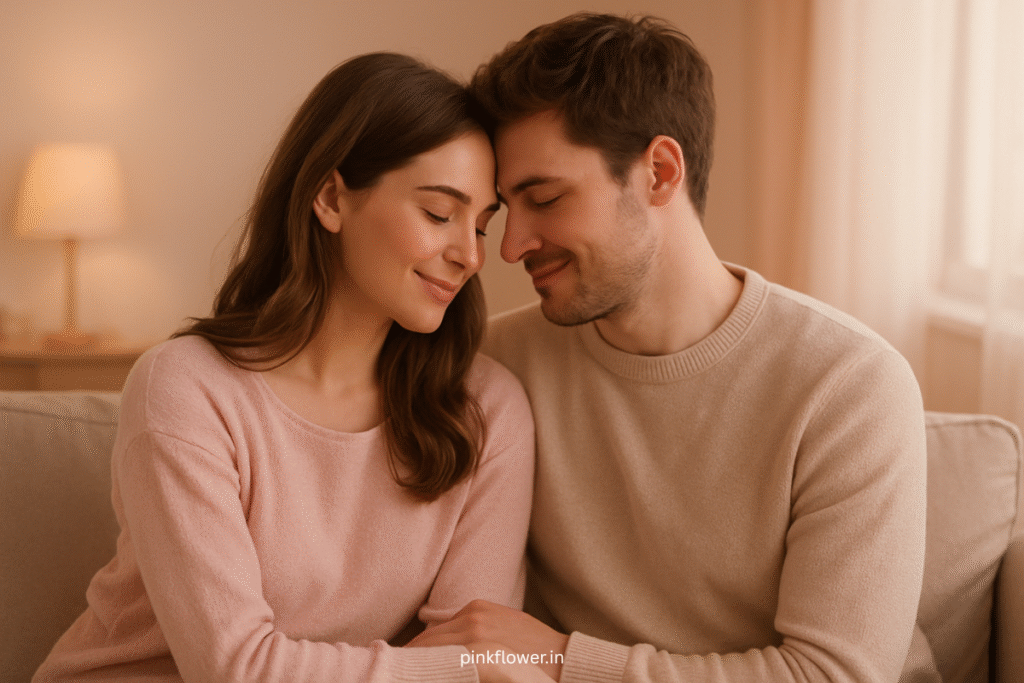 Young couple building trust through emotional connection and vulnerability in a cozy, intimate setting